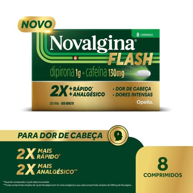 Novalgina Flash 1g Dipirona + 130mg Cafeína 8 comprimidos Analgésico