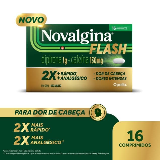 Novalgina Flash 1g Dipirona + 130mg Cafeína 16 comprimidos Analgésico