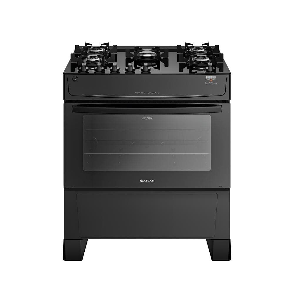 Fogao Atlas 5 Bocas preto Monaco Top Glass com Acendimento automatico - Bivolt