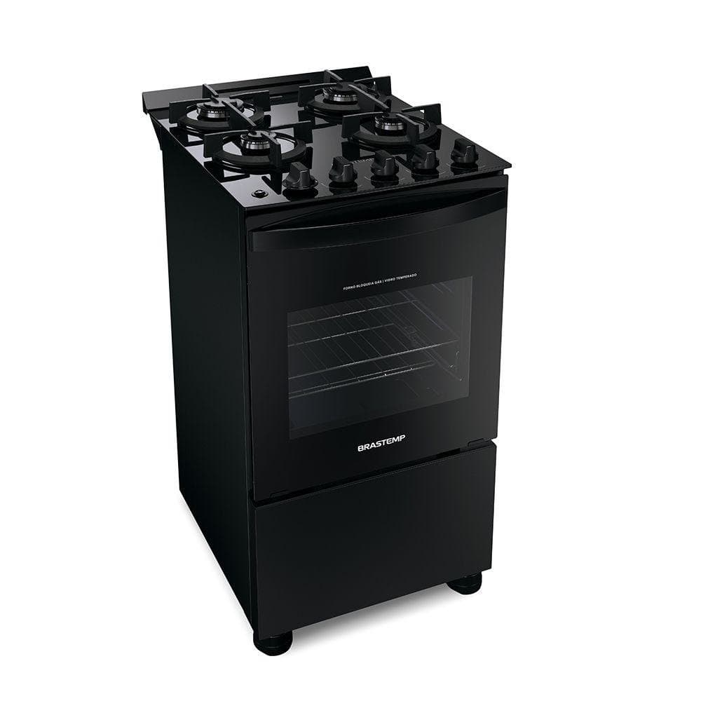 Fogão Brastemp Piso 4 Bocas com Mesa de Vidro e Grades Duplas de Ferro Fundido Preto Bivol
